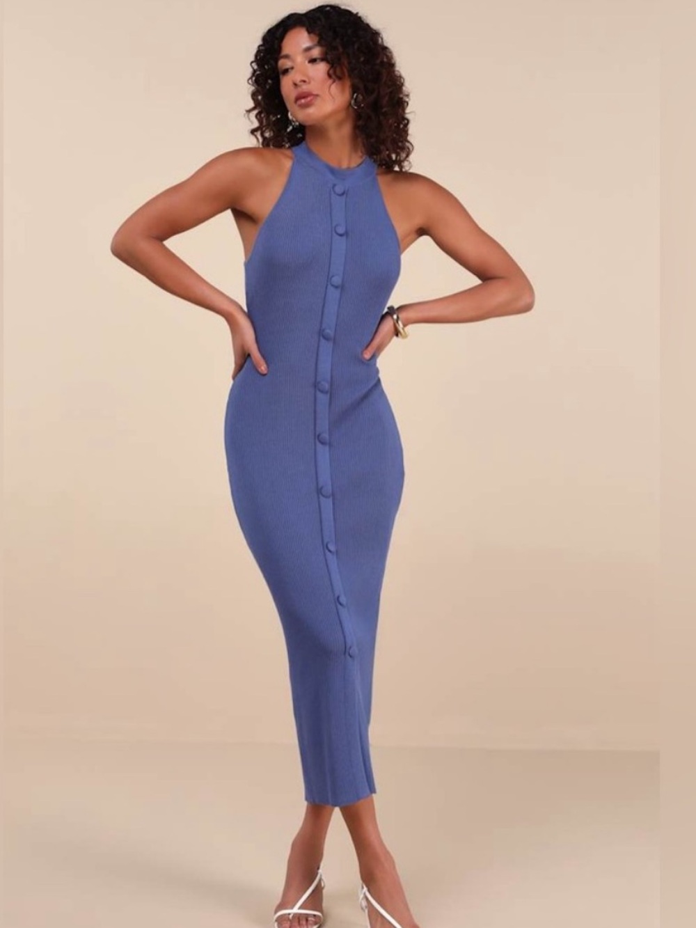 Lulus Sunia Blue Sleeveless Stretchy Button Front Midi Sweater Dress, Size M NWT